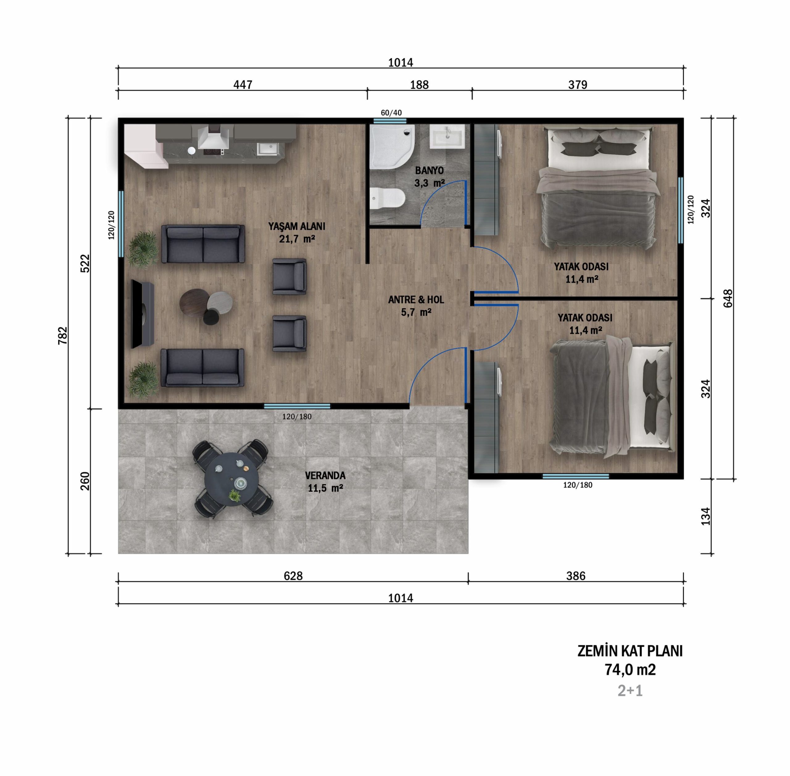 PT-7401 prefabrik villa kat planı