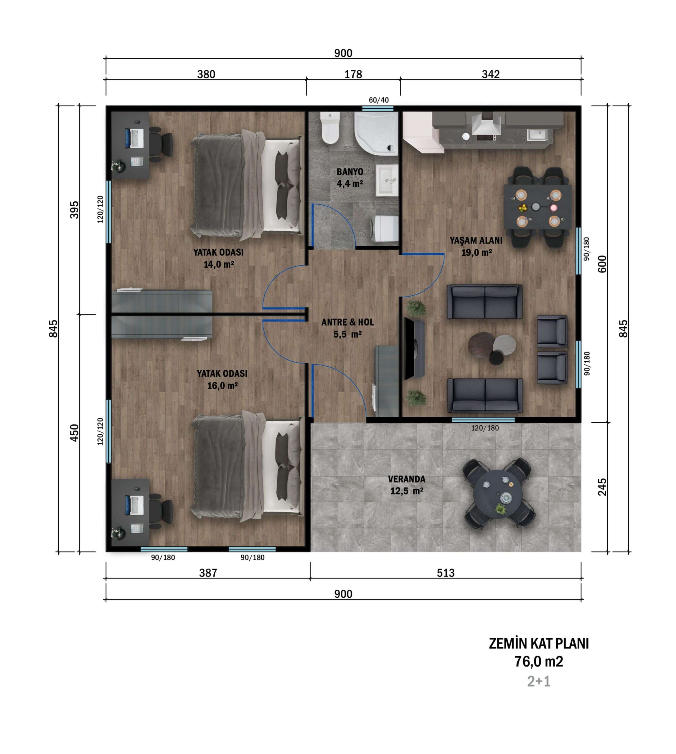 PT-7601 prefabrik villa kat planı