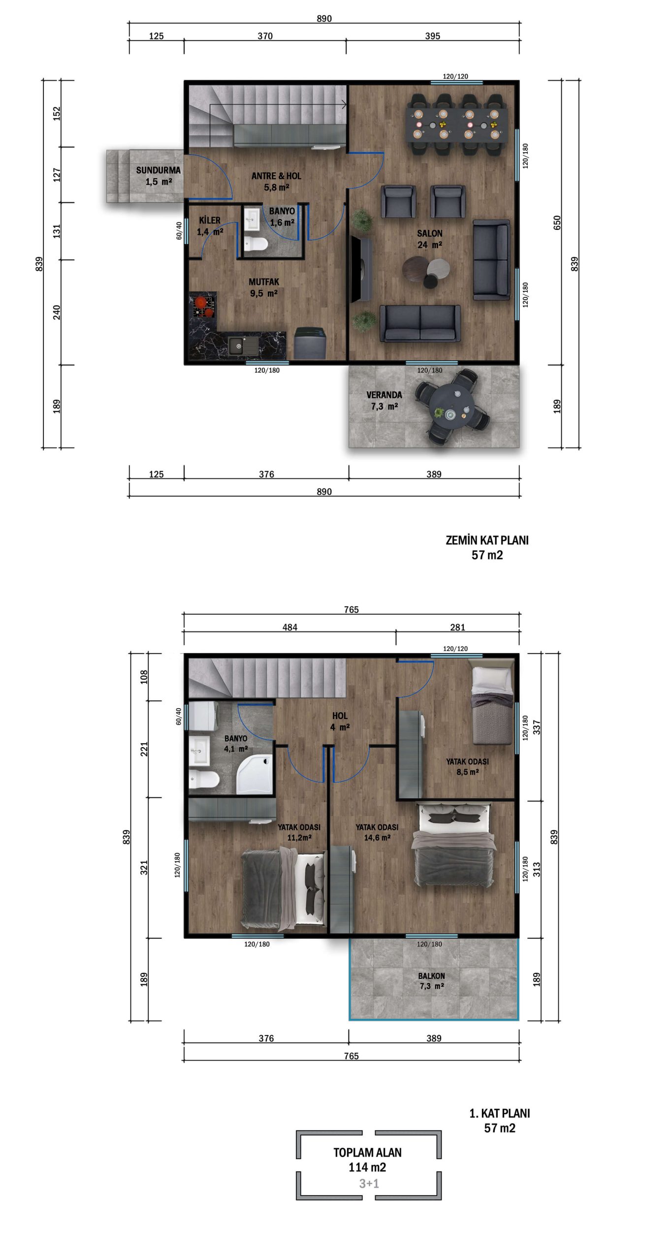 PT2-1114 çift kat prefabrik ev kat planı