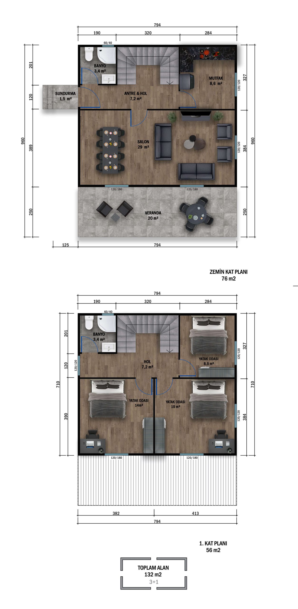 PT2-1132 çift kat prefabrik ev kat planı