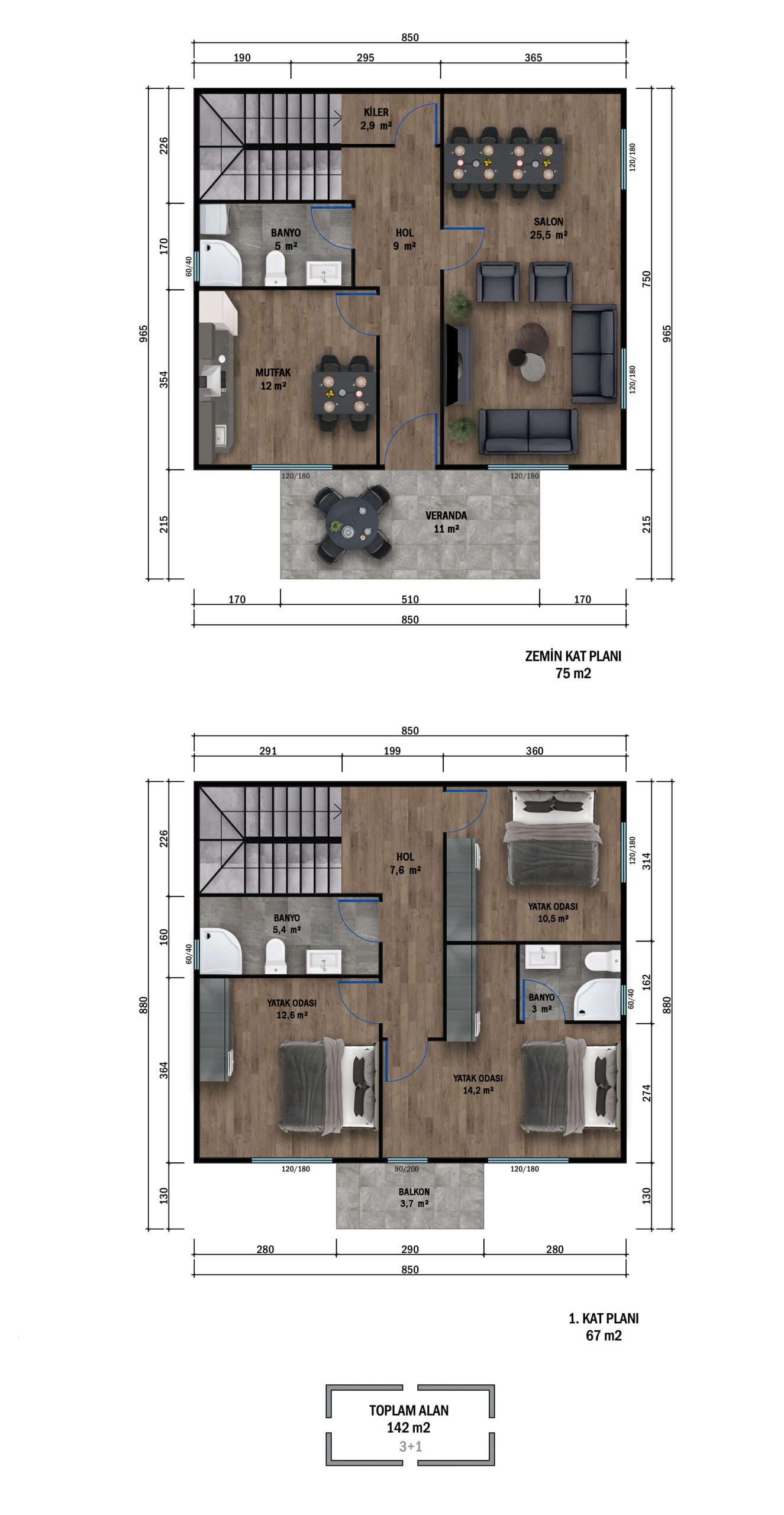 PT2-1142 çift kat prefabrik ev kat planı