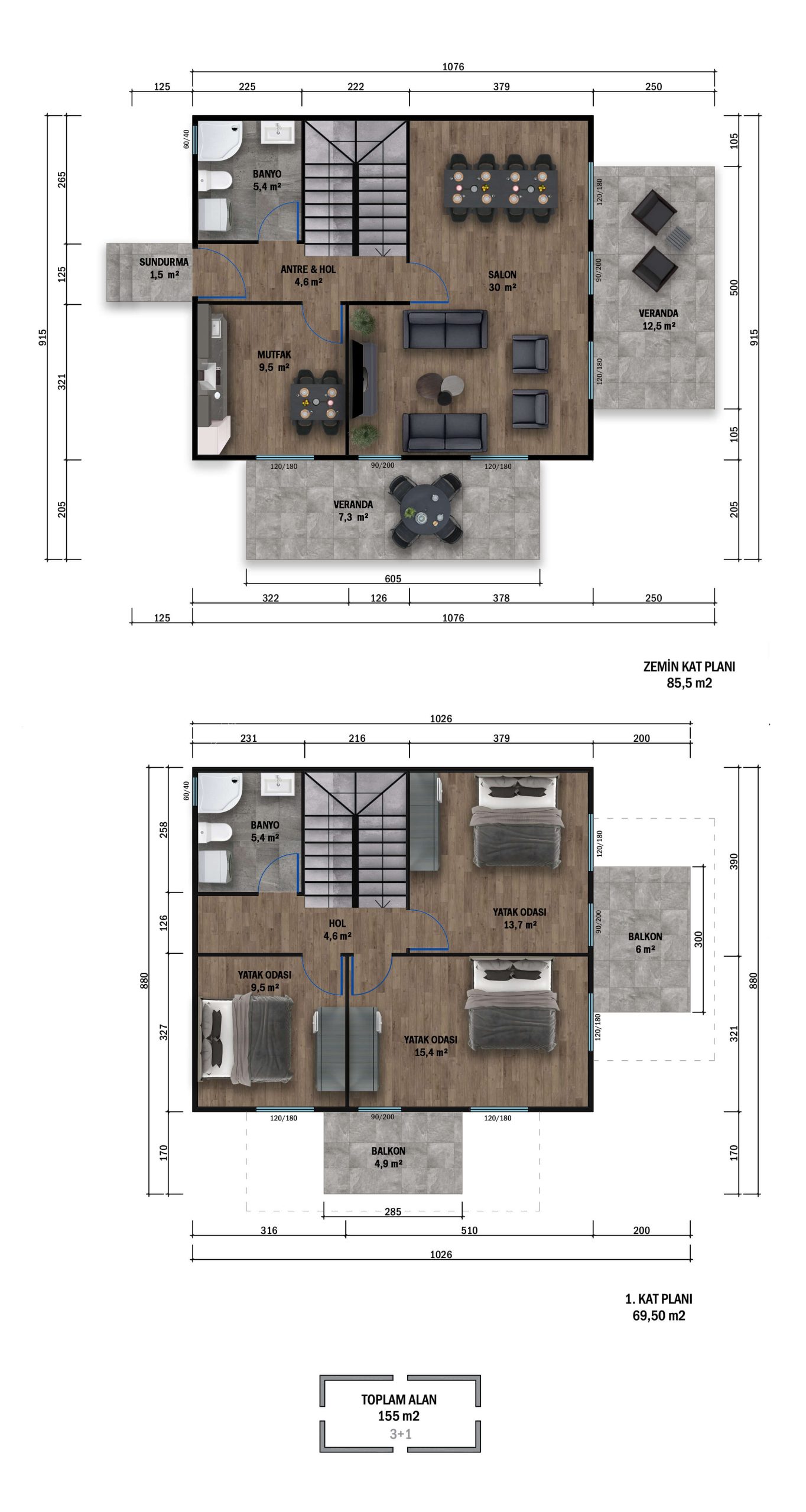 PT2-1155 çift kat prefabrik ev kat planı