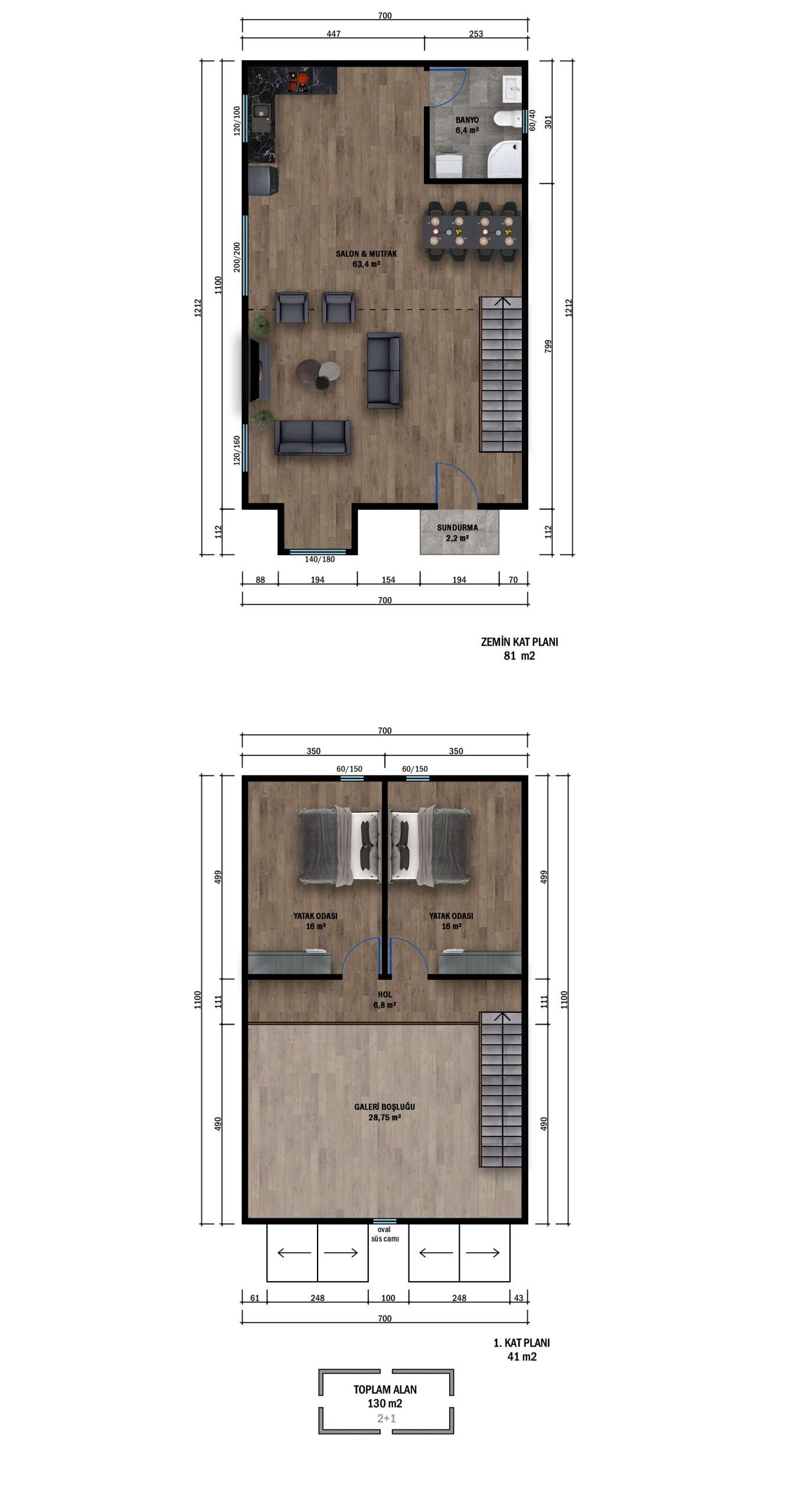 CK2-1322 çift kat çelik ev planı 130 m2
