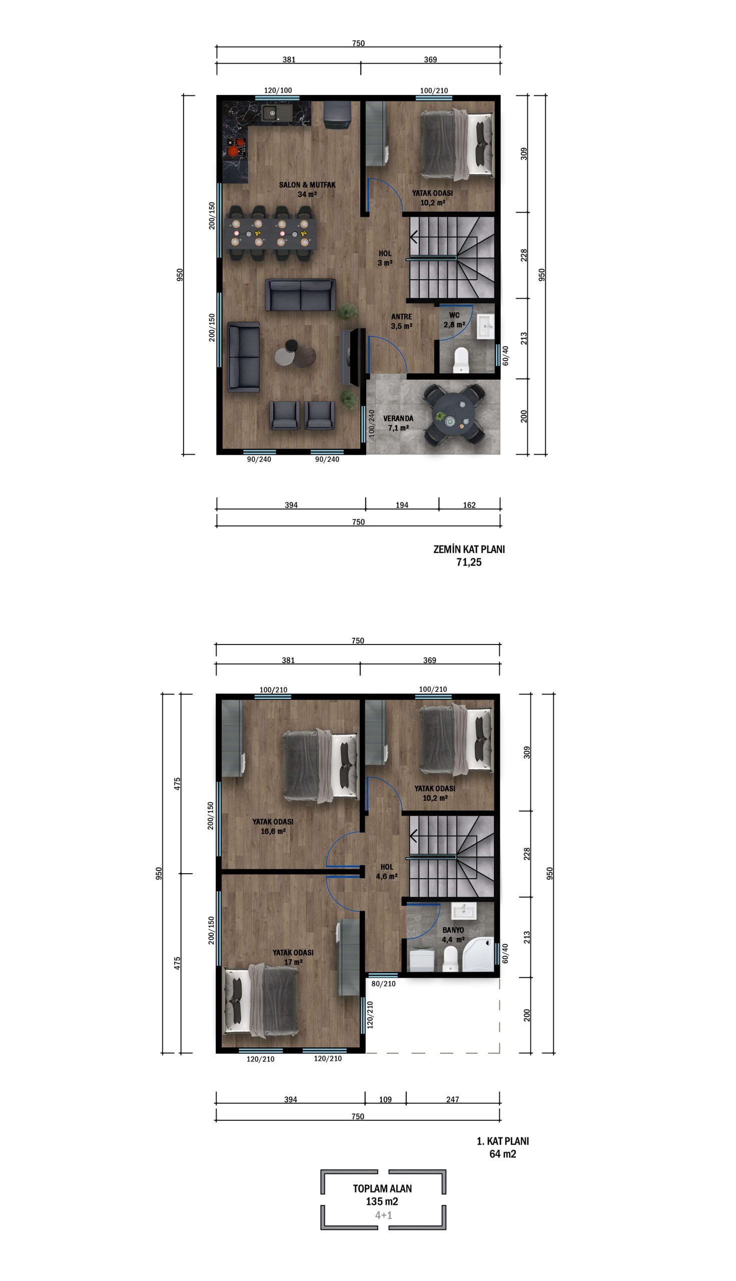 CK2-1352 çift kat çelik ev planı 135 m2