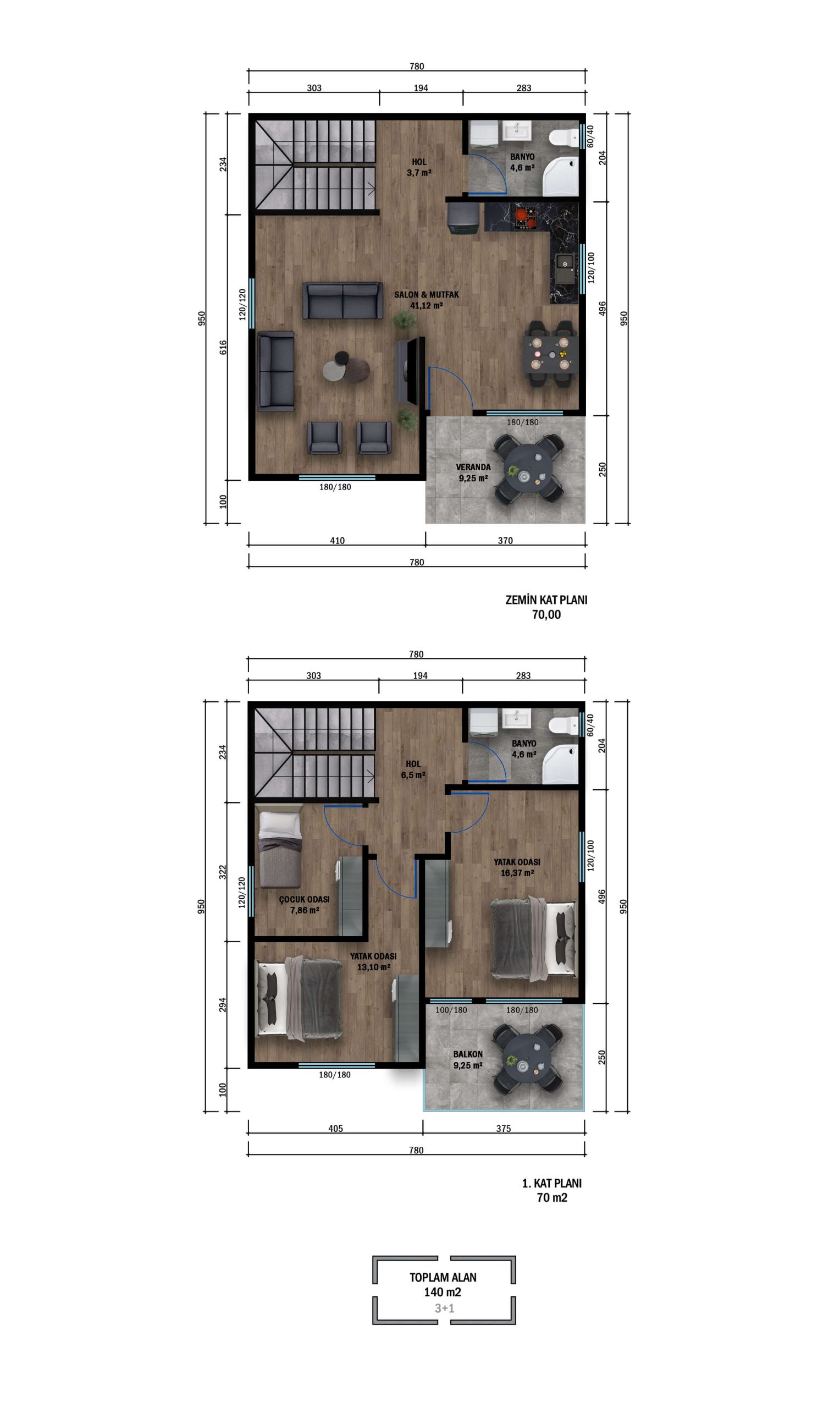 CK2-1402 çift kat çelik ev planı 140 m2