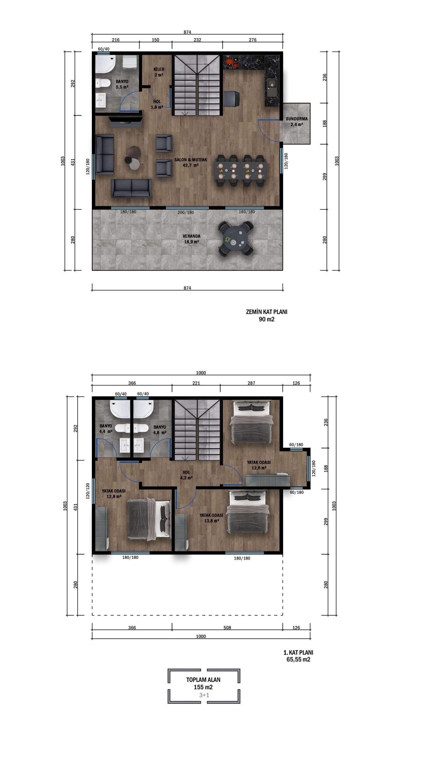 CK2-1552 çift kat çelik ev planı 155 m2